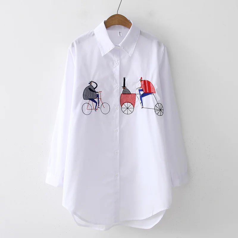 2024 New White Shirt Casual Button Up Turn Down Collar Female Blouse Long Sleeve Cotton Blouse Embroidery Blouse Lady 5083 50