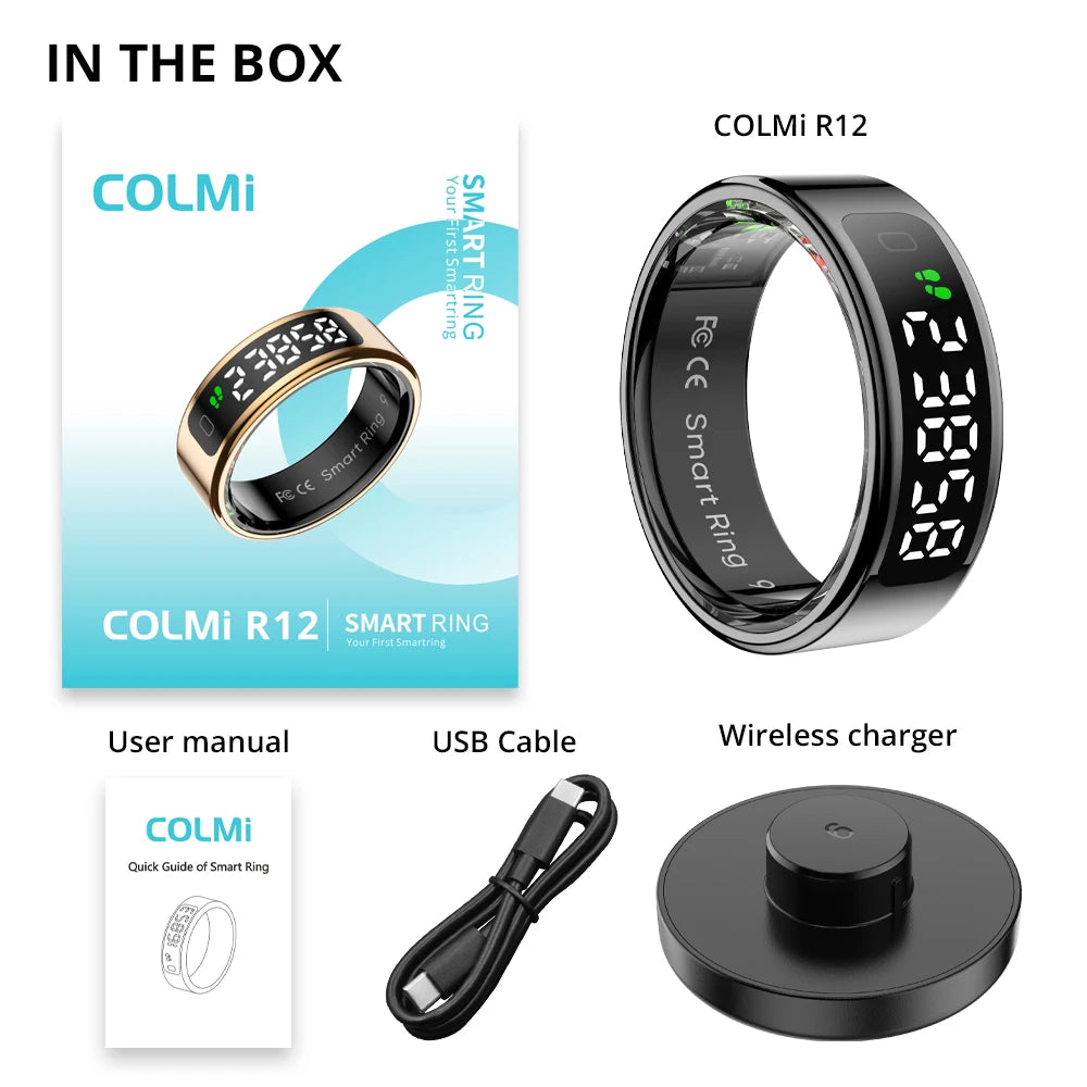 R12 Smart Ring – 24/7 Health Tracking with Touch Screen & Wireless Charge, 5 ATM Waterproof For Men Women