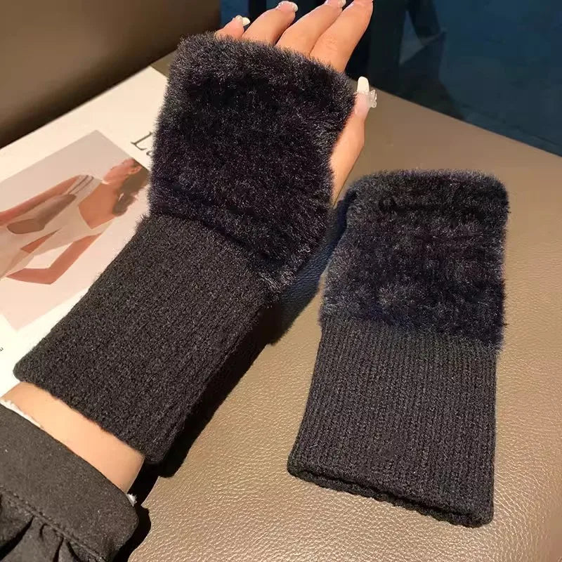 Soft Winter Half Finger Gloves Women Warm Luxury Solid White Plush Knitted Fingerless Gloves Wrist Mittens Writting