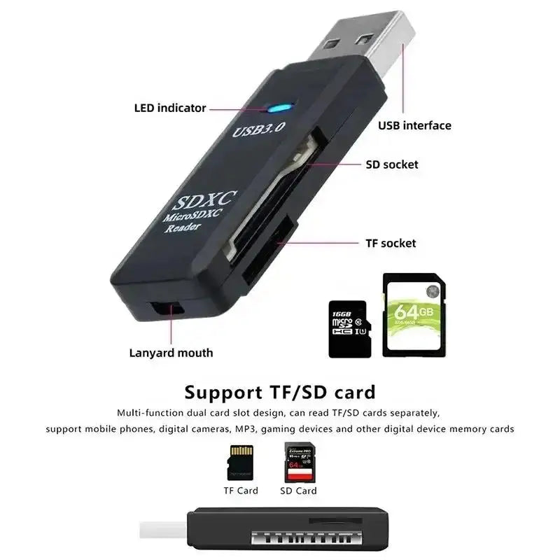 2-in-1 Multifunktions-USB-3.0-Kartenleser/Micro-SD-TF-Speicherkartenleser/USB-Flash-Laufwerk-Kartenleser-Adapter für PC/Laptops