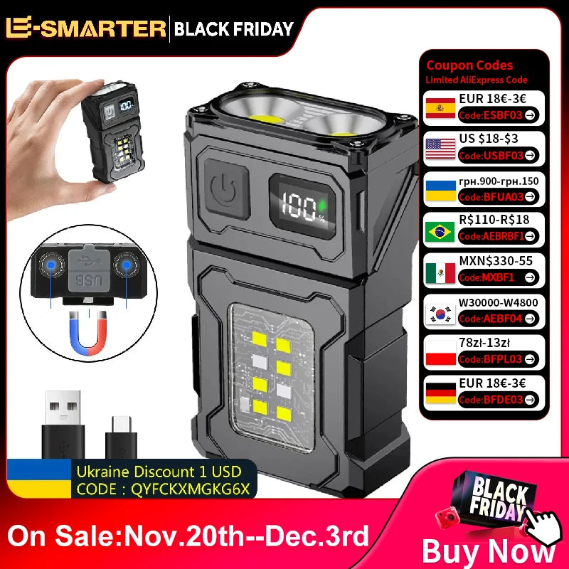 Mini-USB-wiederaufladbare LED-Taschenlampe, tragbar, mit Magnetverschluss, superhelle Campinglaterne, seitliches COB-Notlicht