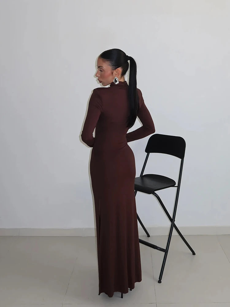 Ribbed Knit Bodycon Maxi Dress - Long Sleeve Turtleneck Sheath Dress for Women