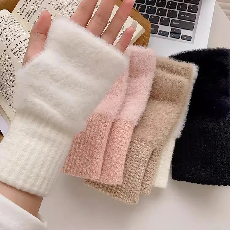 Soft Winter Half Finger Gloves Women Warm Luxury Solid White Plush Knitted Fingerless Gloves Wrist Mittens Writting