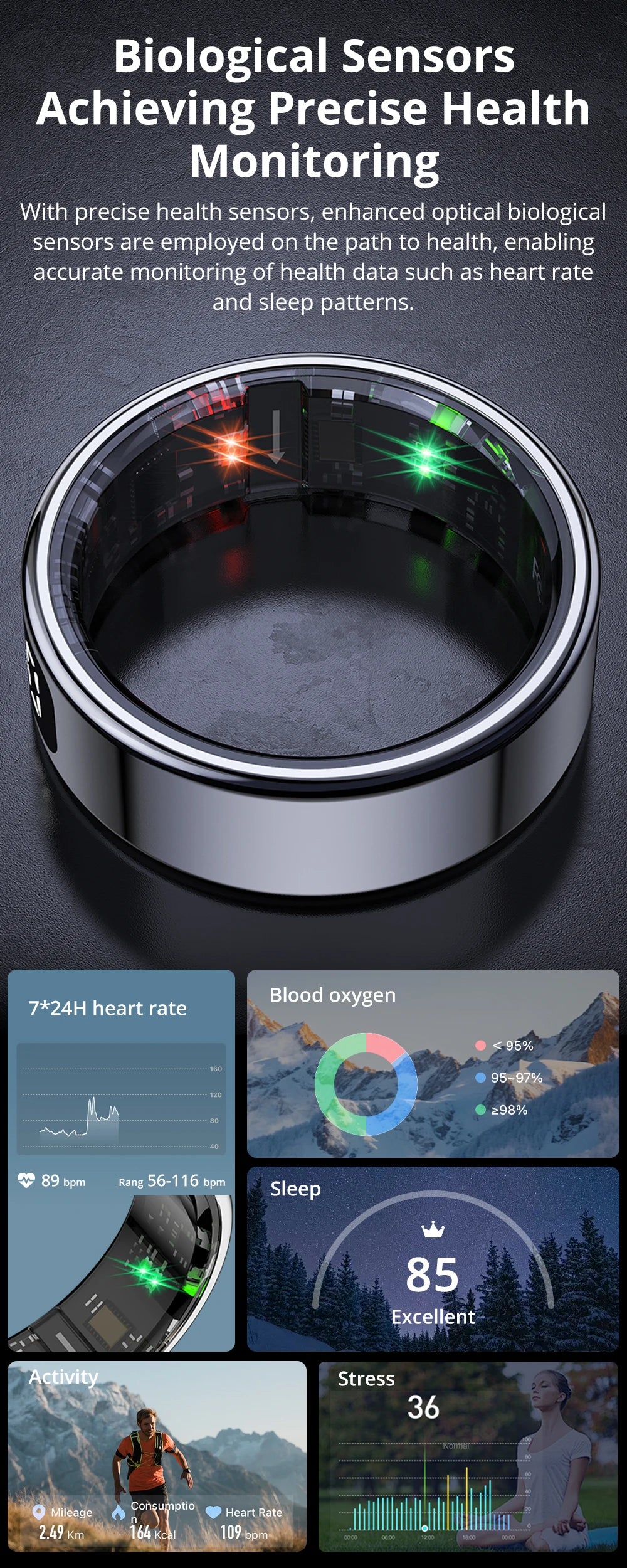 R12 Smart Ring – 24/7 Health Tracking with Touch Screen & Wireless Charge, 5 ATM Waterproof For Men Women