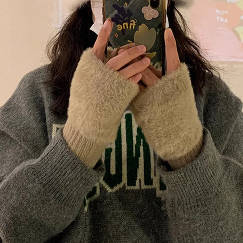 Soft Winter Half Finger Gloves Women Warm Luxury Solid White Plush Knitted Fingerless Gloves Wrist Mittens Writting