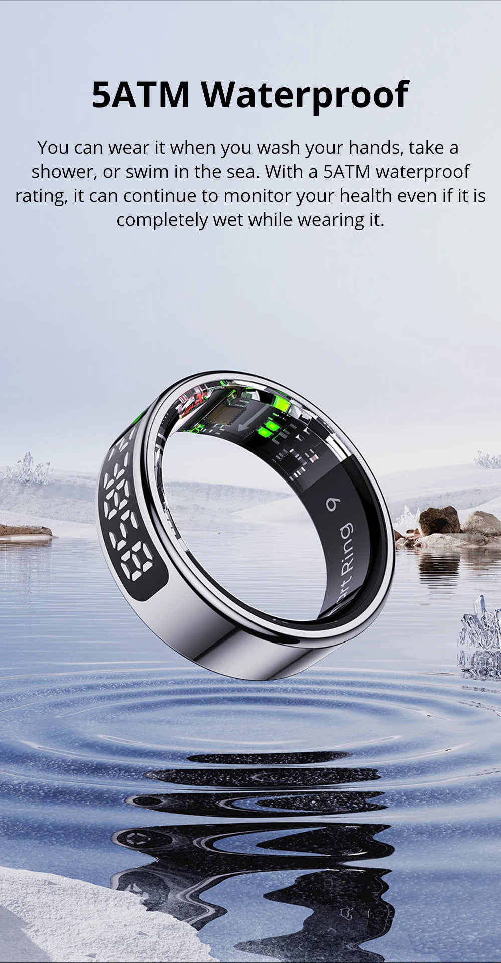 R12 Smart Ring – 24/7 Health Tracking with Touch Screen & Wireless Charge, 5 ATM Waterproof For Men Women