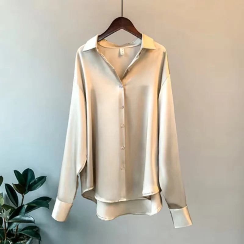 Spring Fashion Button Up Satin Silk Shirt Vintage Blouse Women White Tops Lady Long Sleeves Female Loose Street Shirts 11355