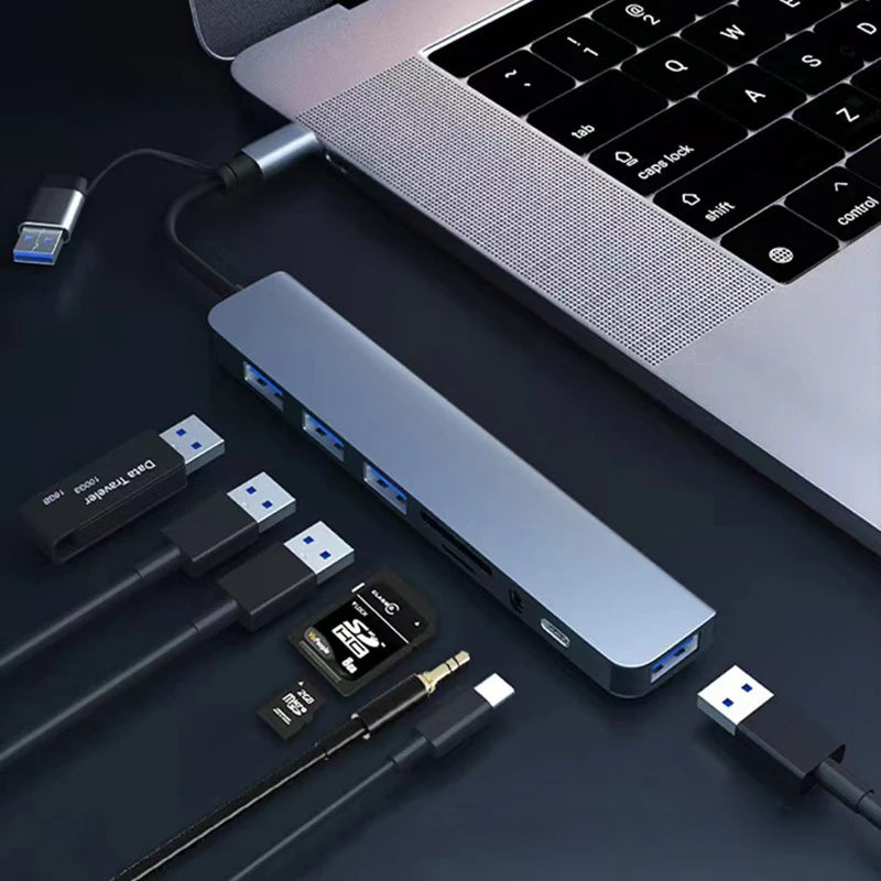 8-in-2-USB- und USB-C-Hub-Dockingstation mit 3,5-mm-Audioanschlussadapter, Micro-SD-Kartenleser, Laptop-, Tablet- und Smartphone-Festplattenkonverter