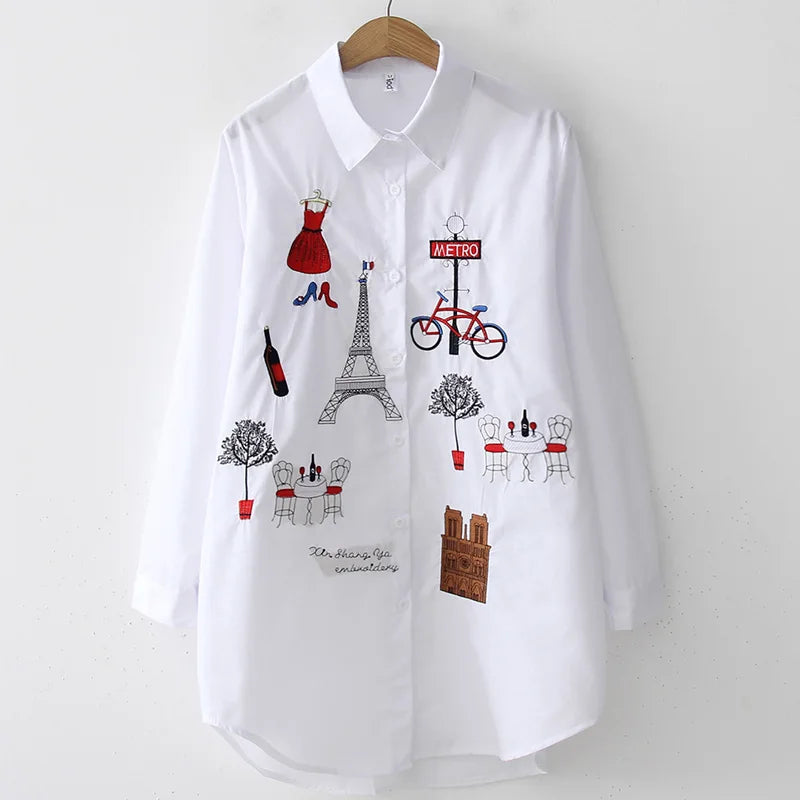 2024 New White Shirt Casual Button Up Turn Down Collar Female Blouse Long Sleeve Cotton Blouse Embroidery Blouse Lady 5083 50