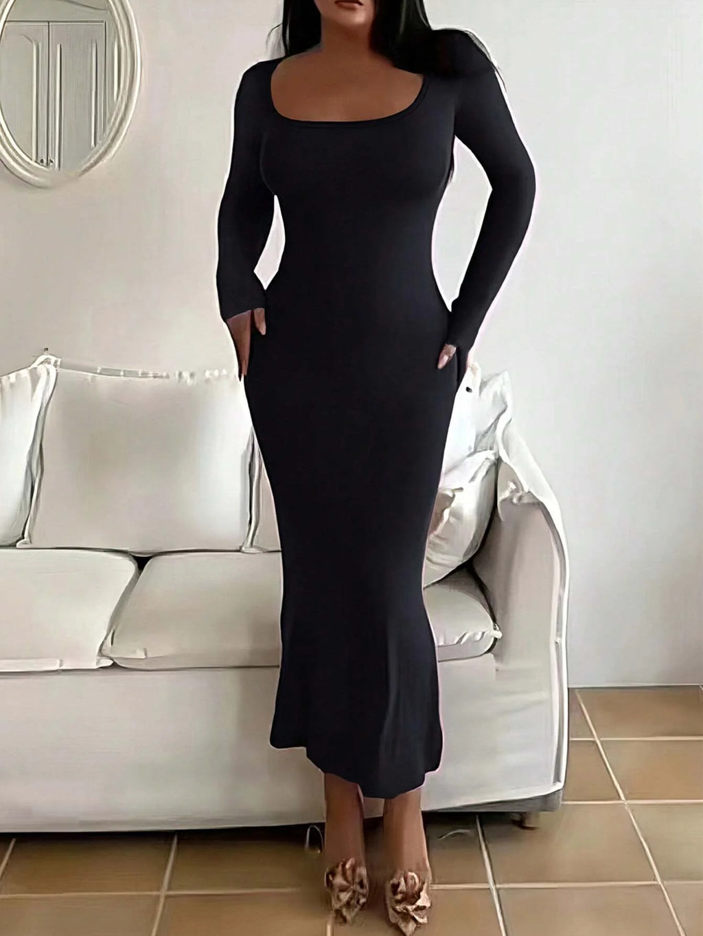 Essential Long Sleeve Bodycon Dress - Timeless Minimalist Maxi Dress