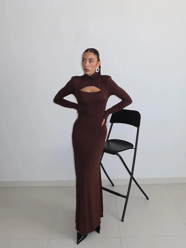 Ribbed Knit Bodycon Maxi Dress - Long Sleeve Turtleneck Sheath Dress for Women