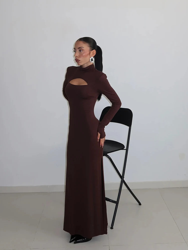 Ribbed Knit Bodycon Maxi Dress - Long Sleeve Turtleneck Sheath Dress for Women