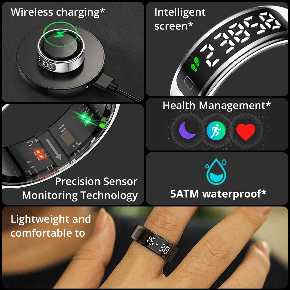 R12 Smart Ring – 24/7 Health Tracking with Touch Screen & Wireless Charge, 5 ATM Waterproof For Men Women