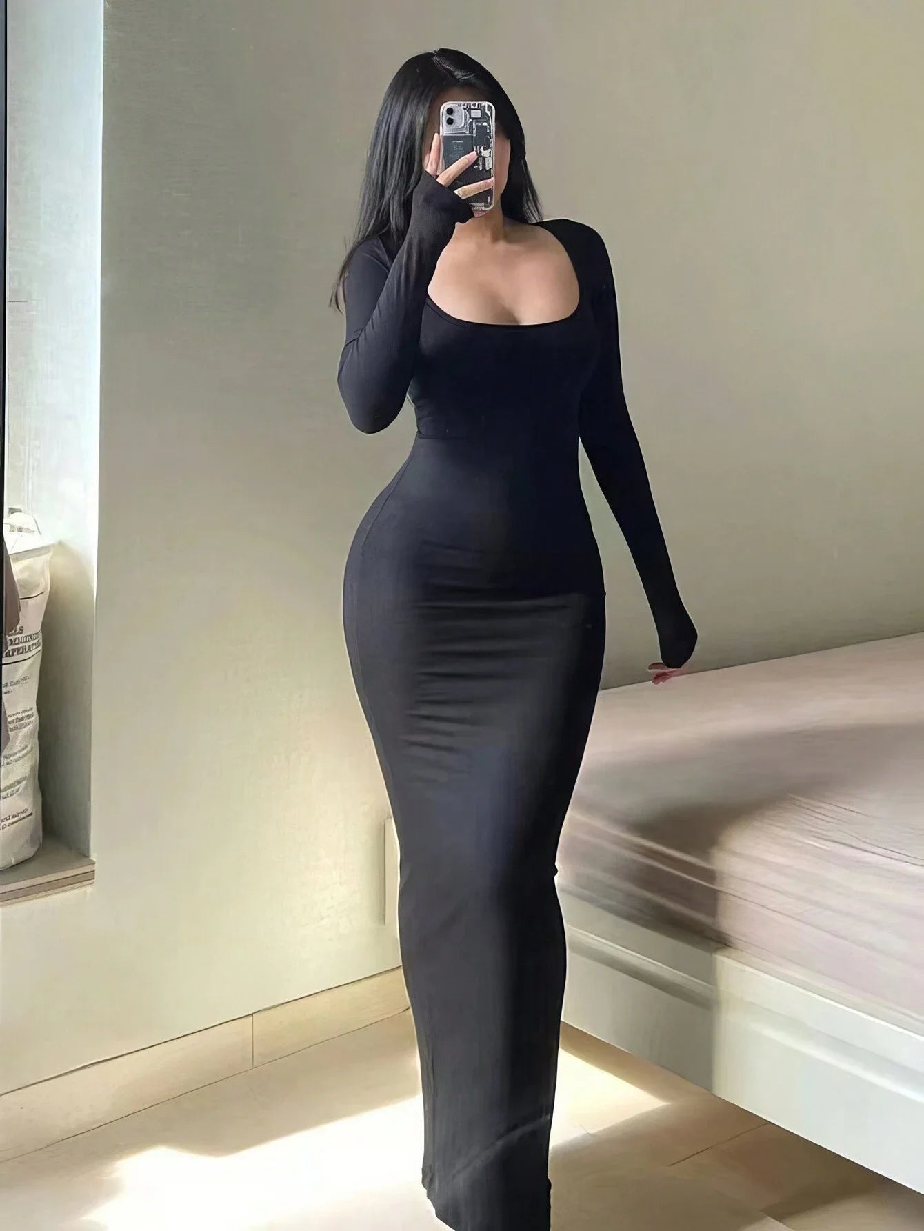 Essential Long Sleeve Bodycon Dress - Timeless Minimalist Maxi Dress