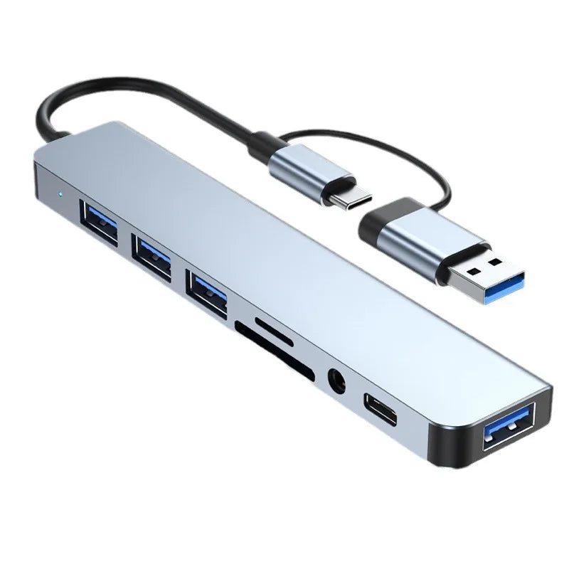 8-in-2-USB- und USB-C-Hub-Dockingstation mit 3,5-mm-Audioanschlussadapter, Micro-SD-Kartenleser, Laptop-, Tablet- und Smartphone-Festplattenkonverter