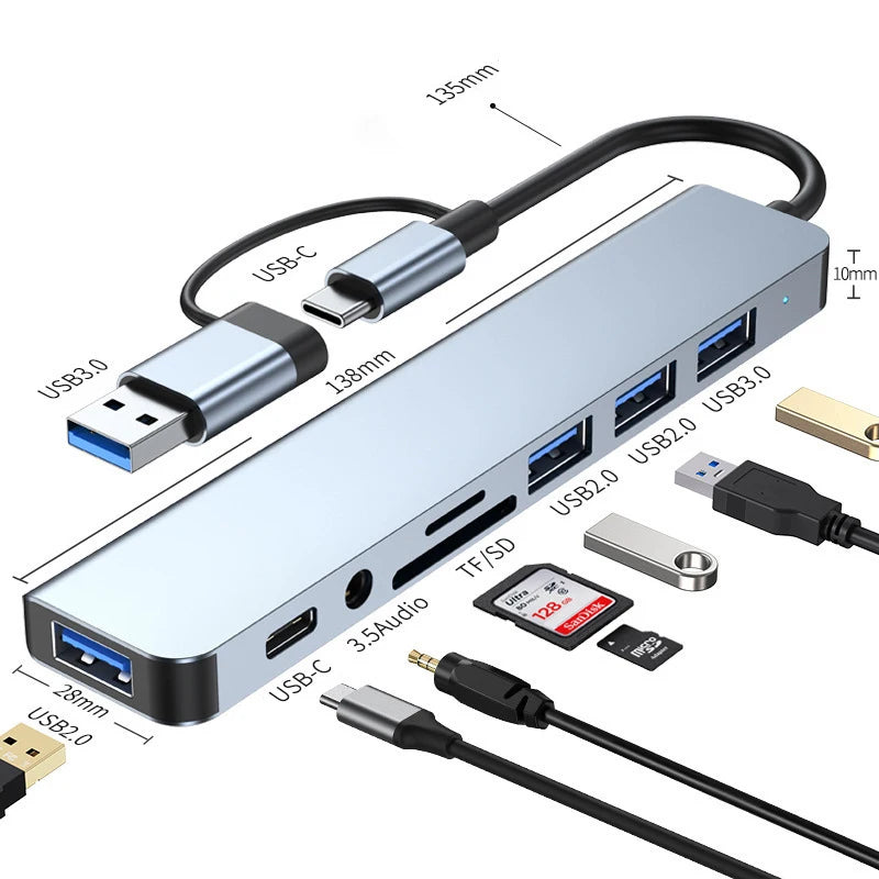 8-in-2-USB- und USB-C-Hub-Dockingstation mit 3,5-mm-Audioanschlussadapter, Micro-SD-Kartenleser, Laptop-, Tablet- und Smartphone-Festplattenkonverter