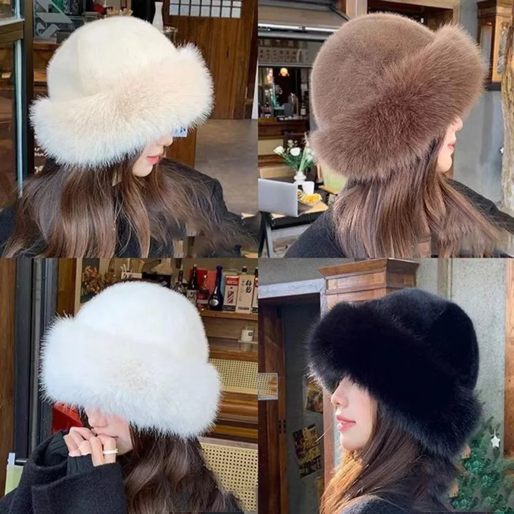 Warm Women's Winter Hat Fluffy Fur Bucket Hat For Women Plush Fisherman Hat Thicken Cold Snowy Day Panama Cap