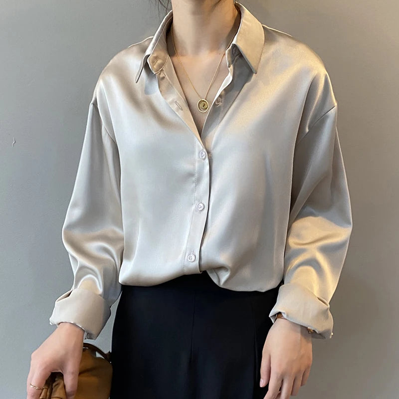 Spring Fashion Button Up Satin Silk Shirt Vintage Blouse Women White Tops Lady Long Sleeves Female Loose Street Shirts 11355