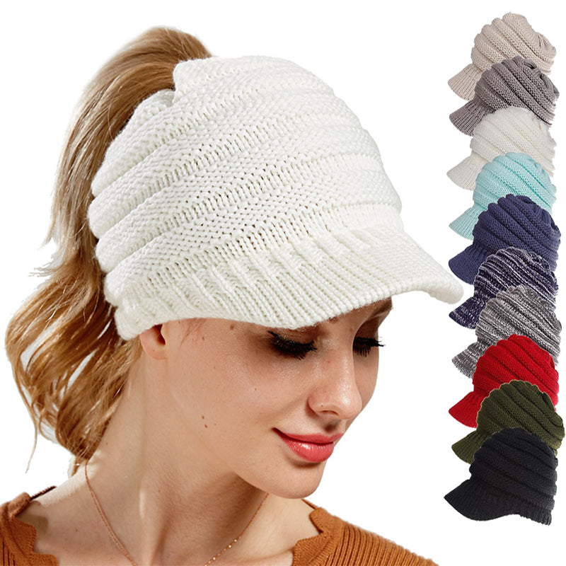 Women Ponytail Beanies Autumn Winter Hats - Soft Knitting Caps Warm Ladies Skullies