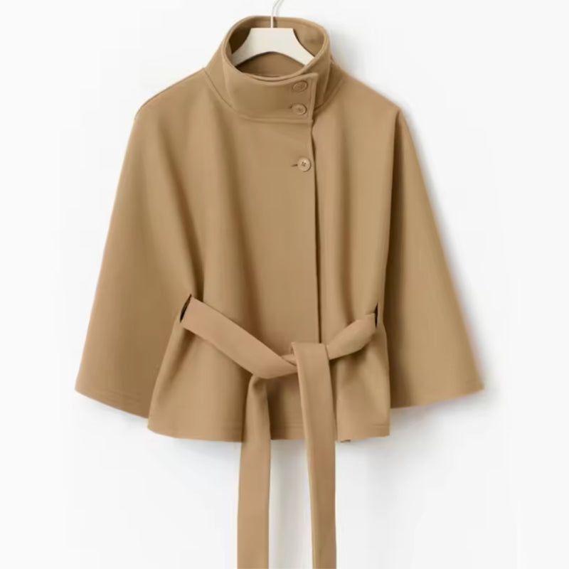 Winter High Neck Batwing Sleeve Coat - Elegant Belted Trench Coat for Women
