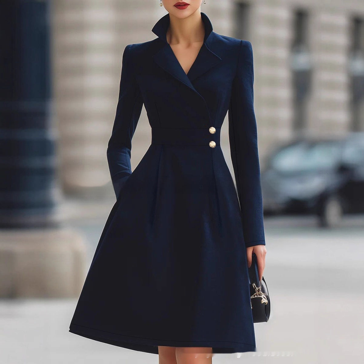 Franse elegante jurk in A-lijn - midilengte jurk met zakken