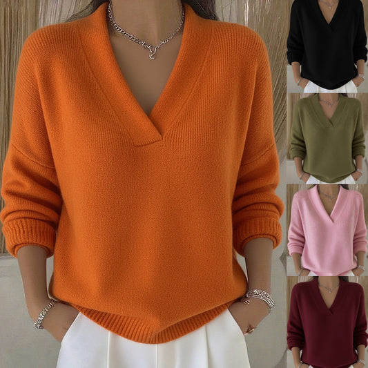 Soft V-Neck Knitted Sweater - Loose Fit Long Sleeve Pullover