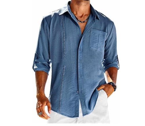 Camisa informal de manga larga con bolsillo - Camisa de botones con cuello tipo polo para hombre
