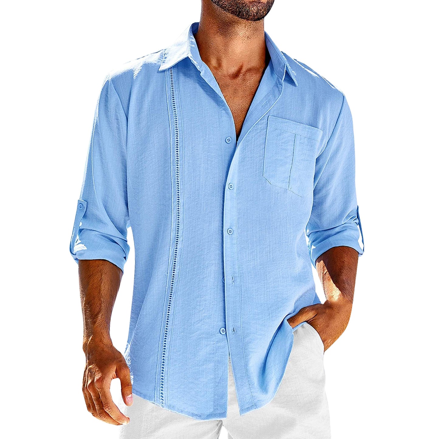 Camisa informal de manga larga con bolsillo - Camisa de botones con cuello tipo polo para hombre