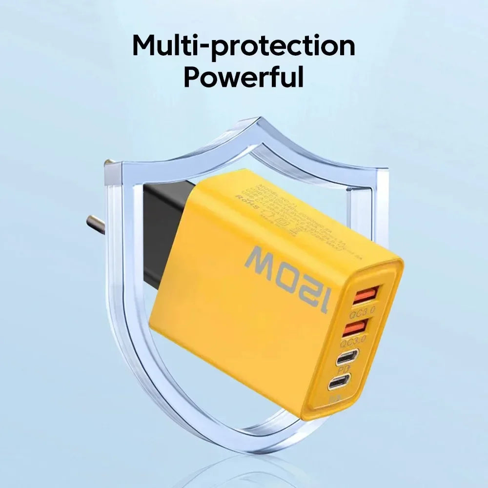 4-Port-USB-Ladegerät mit insgesamt 120 W, Typ-C-Schnellladeadapter für Mobiltelefone (iPhone, Samsung, Xiaomi, Huawei) 