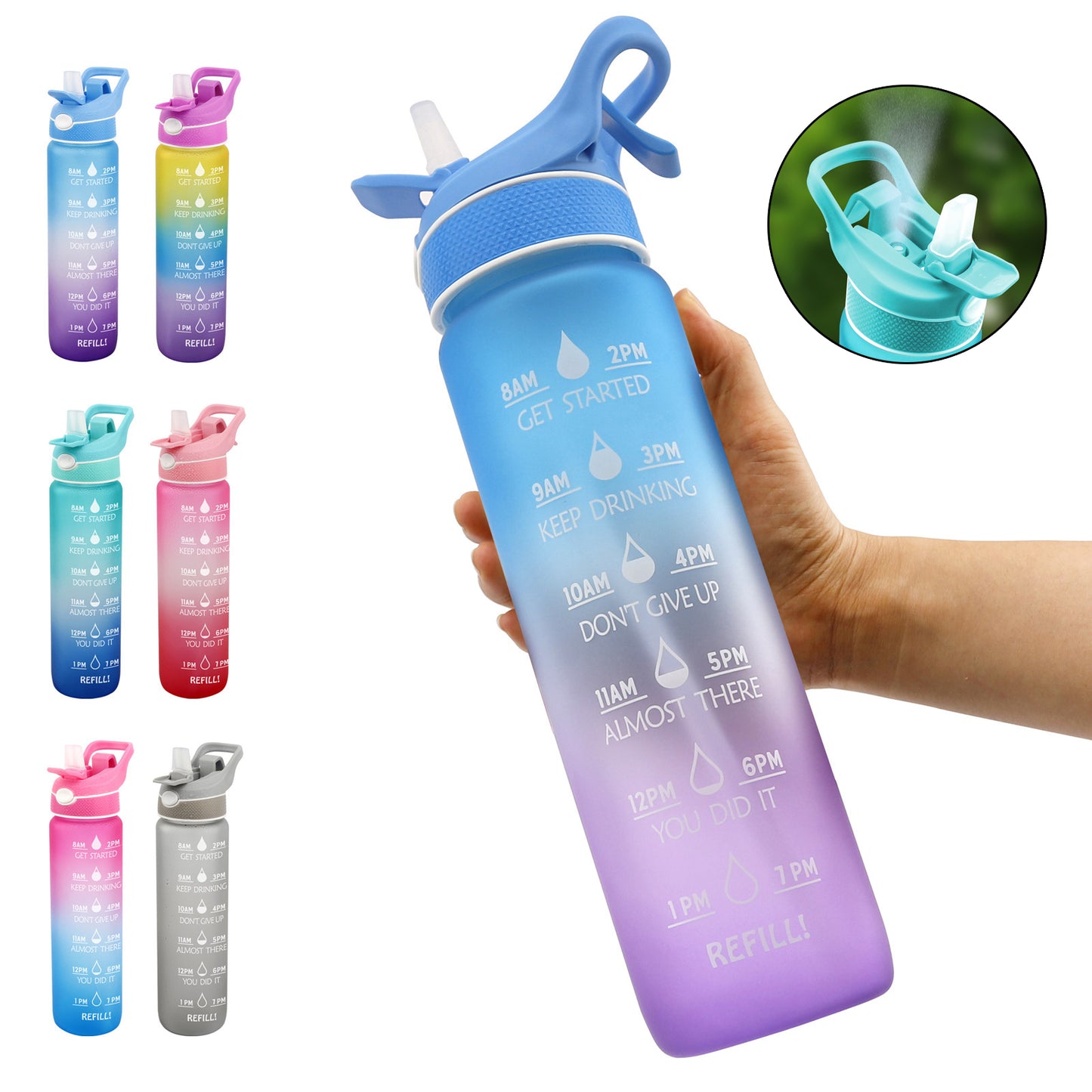 2-in-1 Sports Water Bottle with Spray - 1000ml Hydration & Cooling Misting Bottle