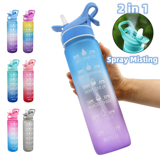 2-in-1 Sports Water Bottle with Spray - 1000ml Hydration & Cooling Misting Bottle