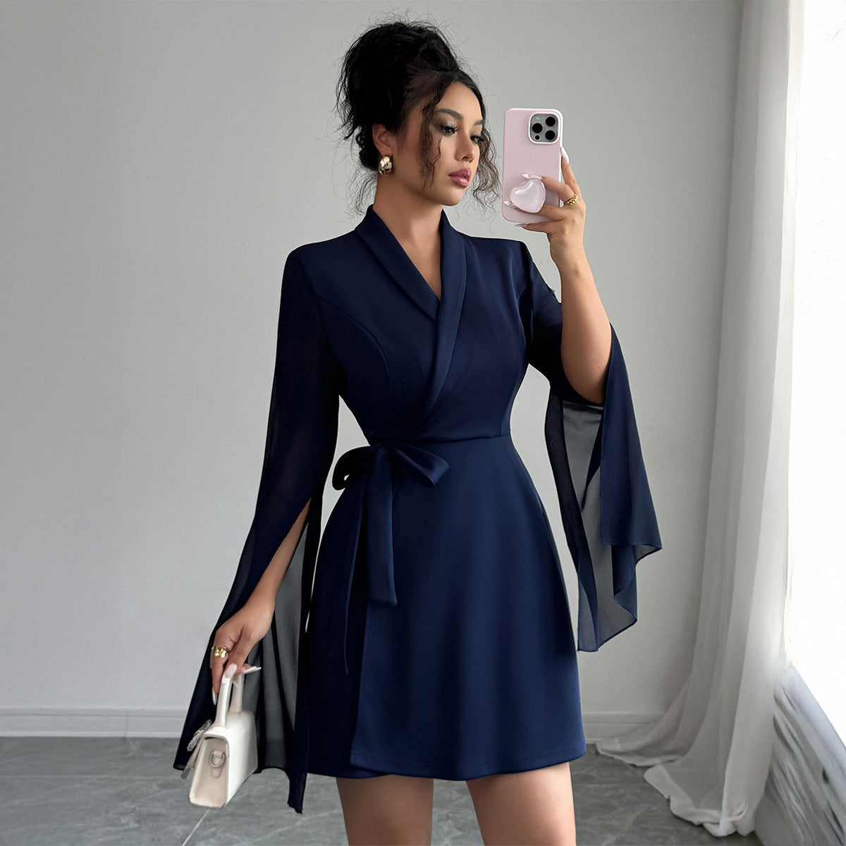 Elegant Long Sleeve Tie Dress - Sophisticated A-Line Midi Dress