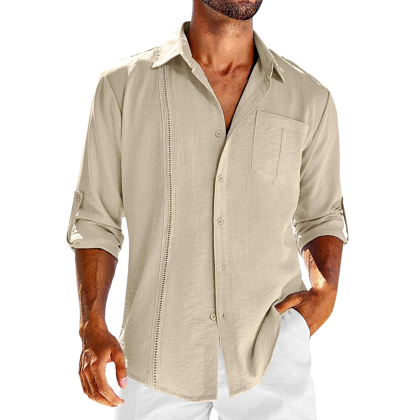 Camisa informal de manga larga con bolsillo - Camisa de botones con cuello tipo polo para hombre