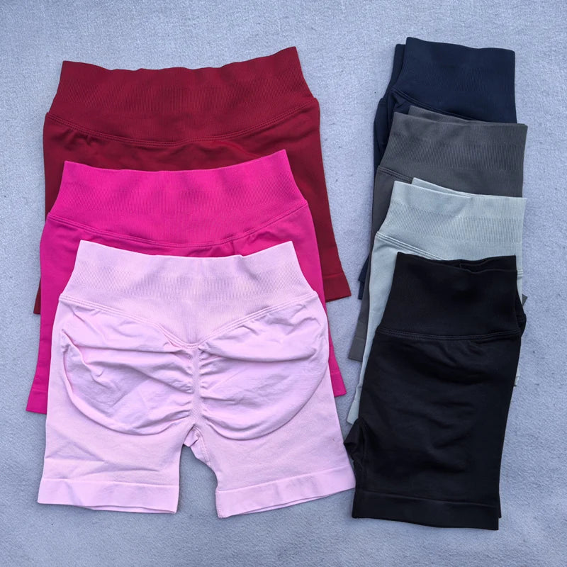 Gym-Shorts für Damen, Fitness-Sport-Radlerhosen, 4,5 Zoll niedriger Rippbund, Yoga-Shorts, Workout-Leggings mit gerafftem Po, nahtlos 