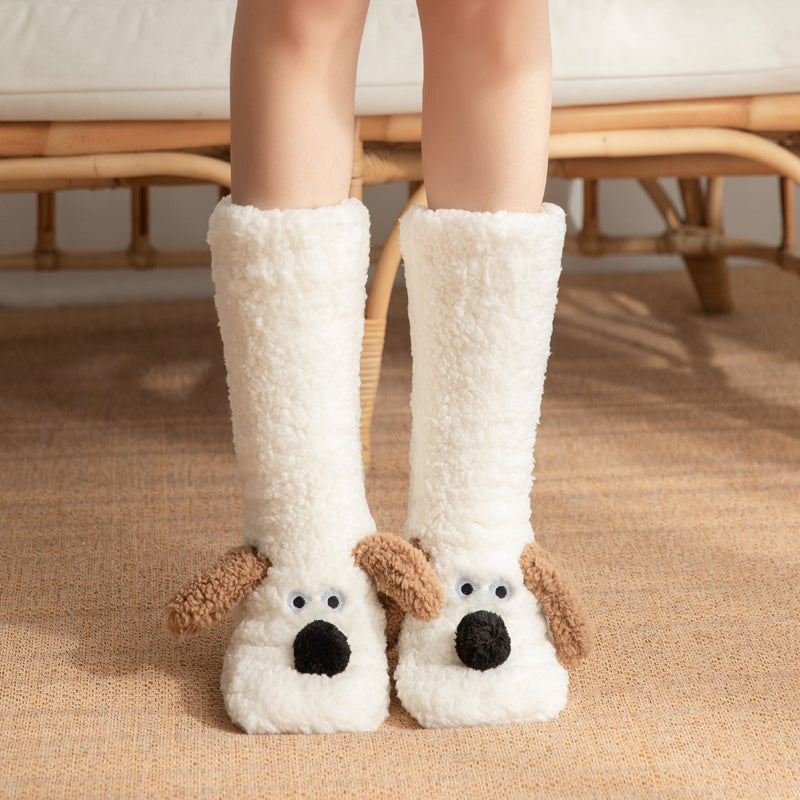 Chaussettes en peluche douillettes à motif chien de dessin animé - Chaussettes d'intérieur antidérapantes et chaudes pour femmes en hiver