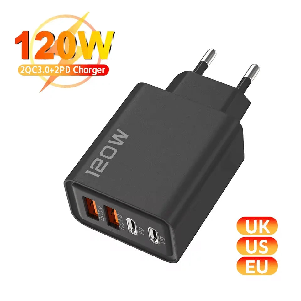 4-Port-USB-Ladegerät mit insgesamt 120 W, Typ-C-Schnellladeadapter für Mobiltelefone (iPhone, Samsung, Xiaomi, Huawei) 