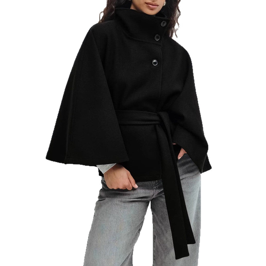 Winter High Neck Batwing Sleeve Coat - Elegant Belted Trench Coat for Women