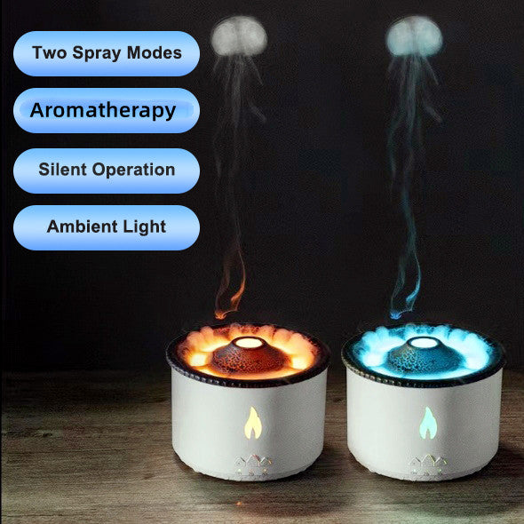 Volcano Flame Ultrasonic Humidifier: Healing Jellyfish Mist & Aromatherapy Diffuser – Smart 2-Color Ambient Lighting