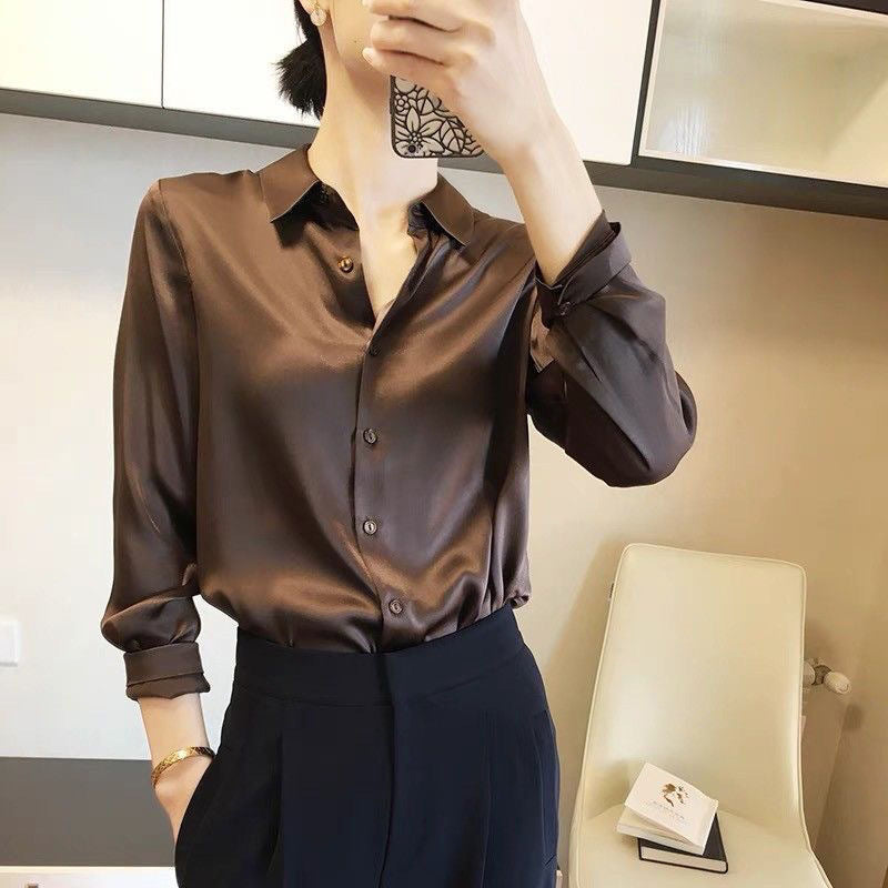 Women's Long-Sleeved Satin Shirt - Elegant Button-Down Blouse for Office, Casual & Evening Wear